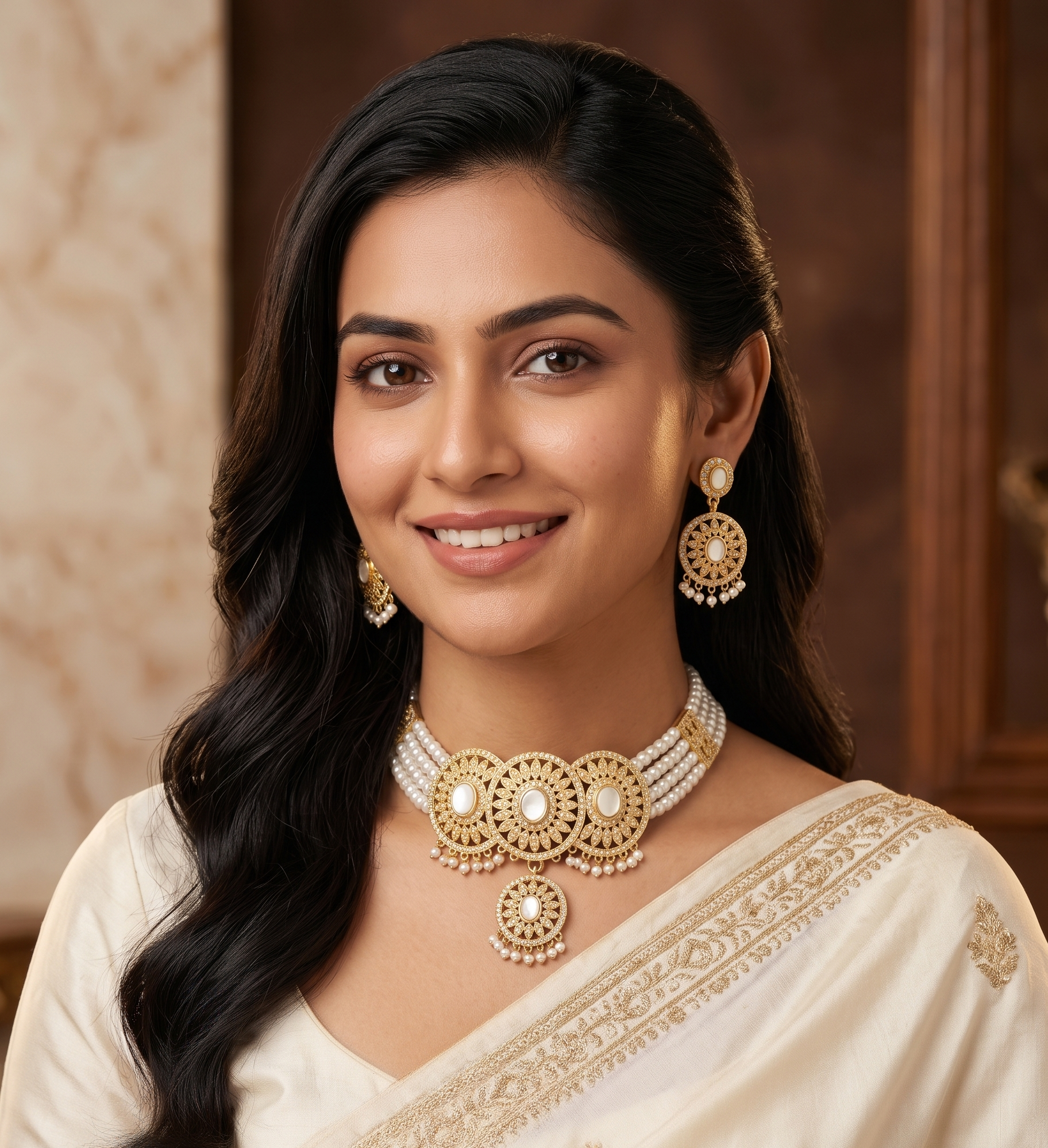 Gold-Toned Choker with Iridescent Medallions & Pearl Strands