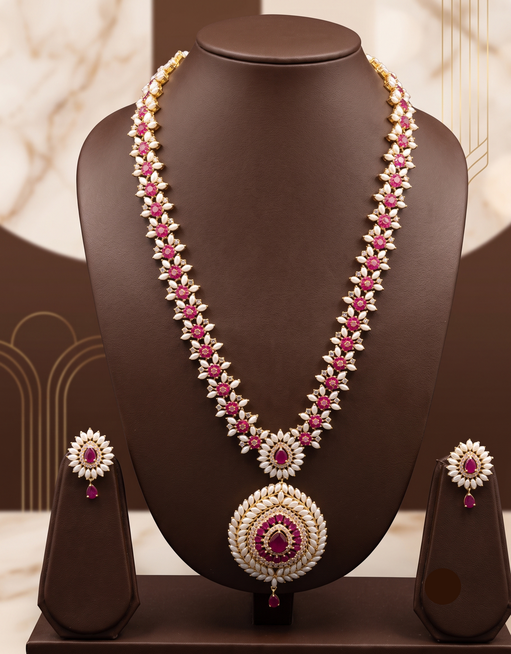 Royal Heritage Rice Pearl Long Necklace with Ruby-Red & White Stone Garland Set