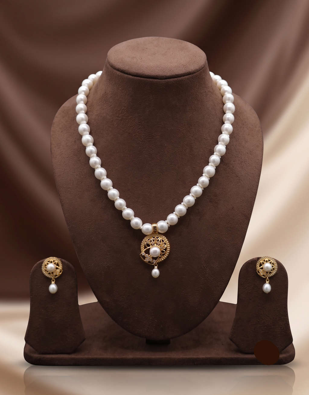 White Button Pearl Necklace Set with Circular Openwork Pendant & Earrings