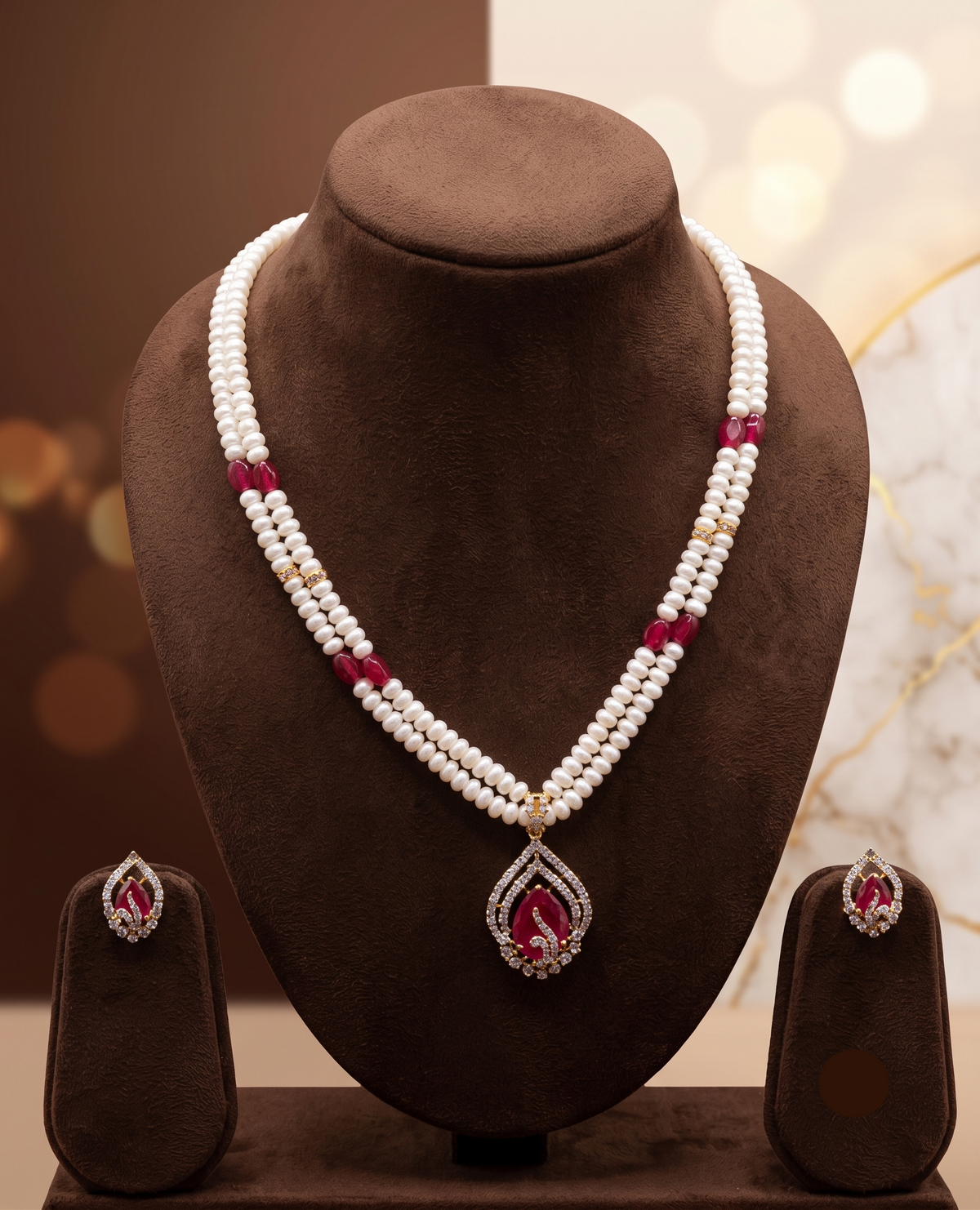 The Crimson Teardrop: 2-Line Flat Pearl & Ruby Stone Necklace Set