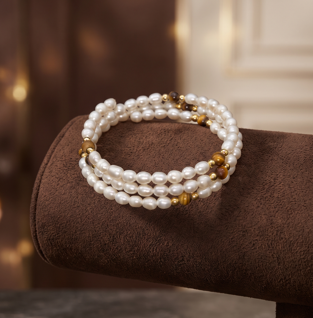BraceletOval White Pearl 3-Layer Coil Wrap Bracelet with Brown Beads and Gold-Tone Accents