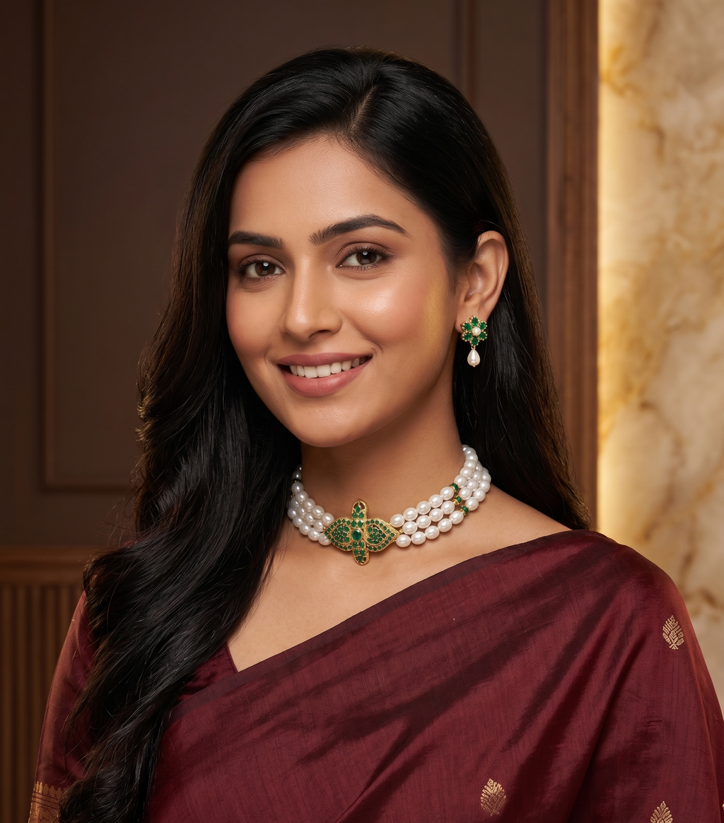 The Emerald Mariposa: 3-Line Oval Pearl & Green Stone Choker Set