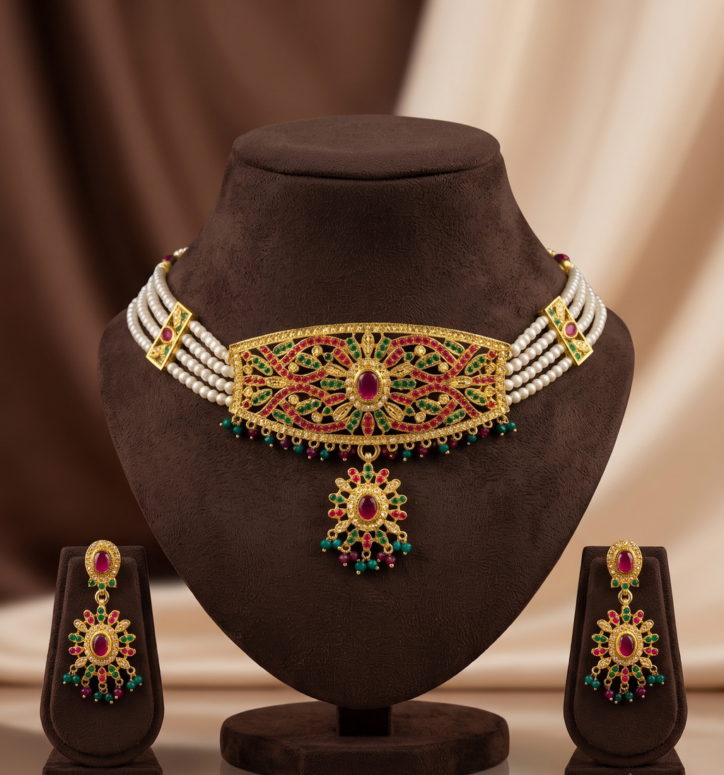 Traditional Red & Green Gemstone Pearl Choker Set
