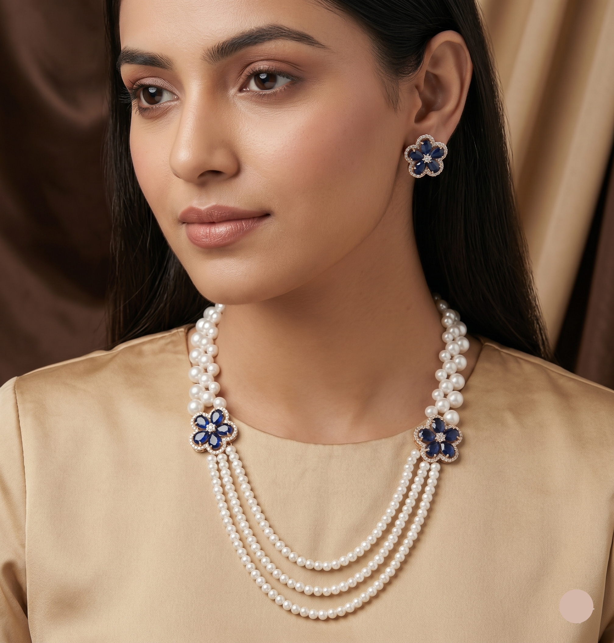 Midnight Bloom Multi-Strand Pearl Broach Set – Deep Blue Floral Elegance