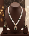 The Emerald Tear: 2-Line Flat Pearl Necklace with Green Stone Pendant Set