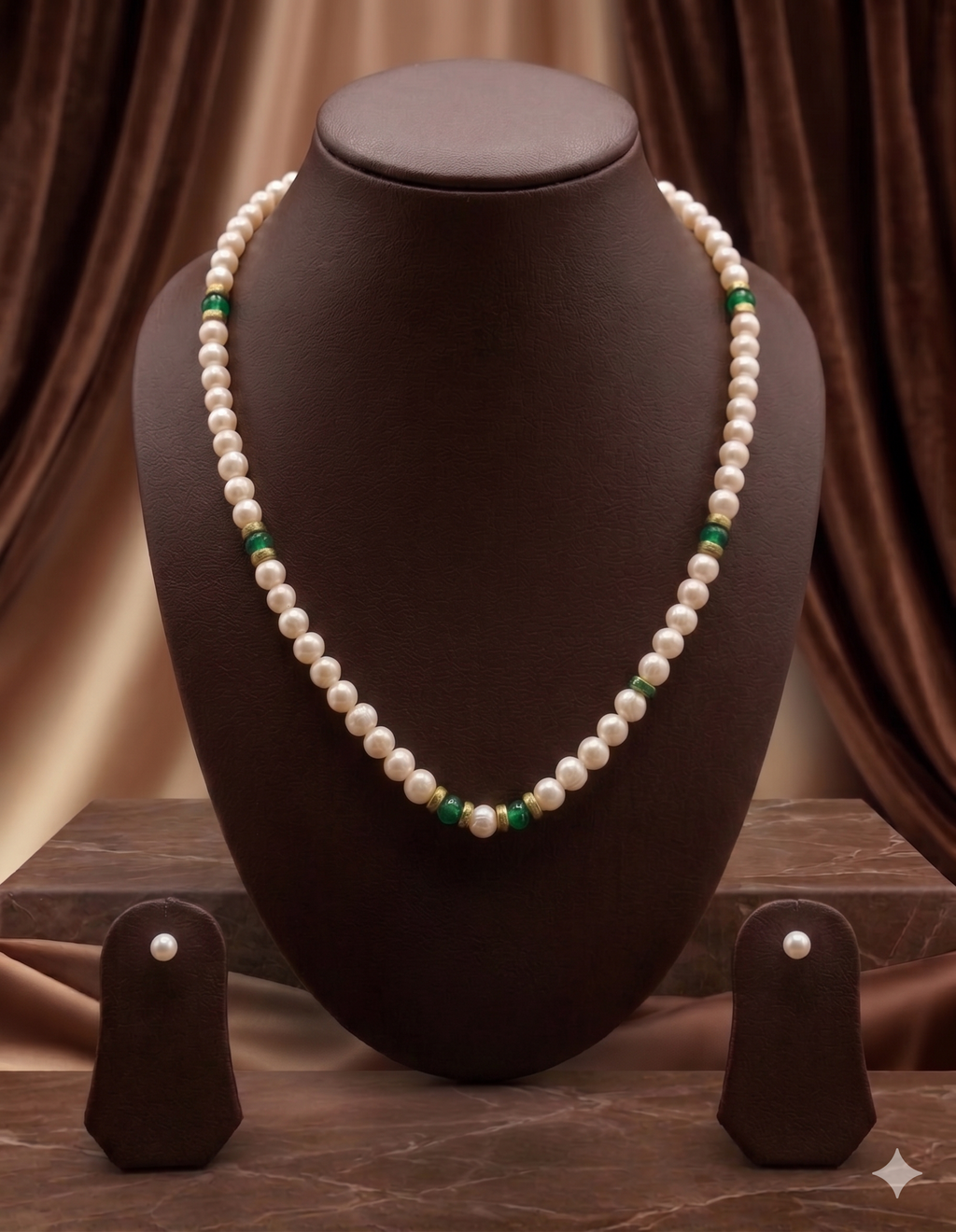 Freshwater Pearl Necklace Set with Green & Gold Accents