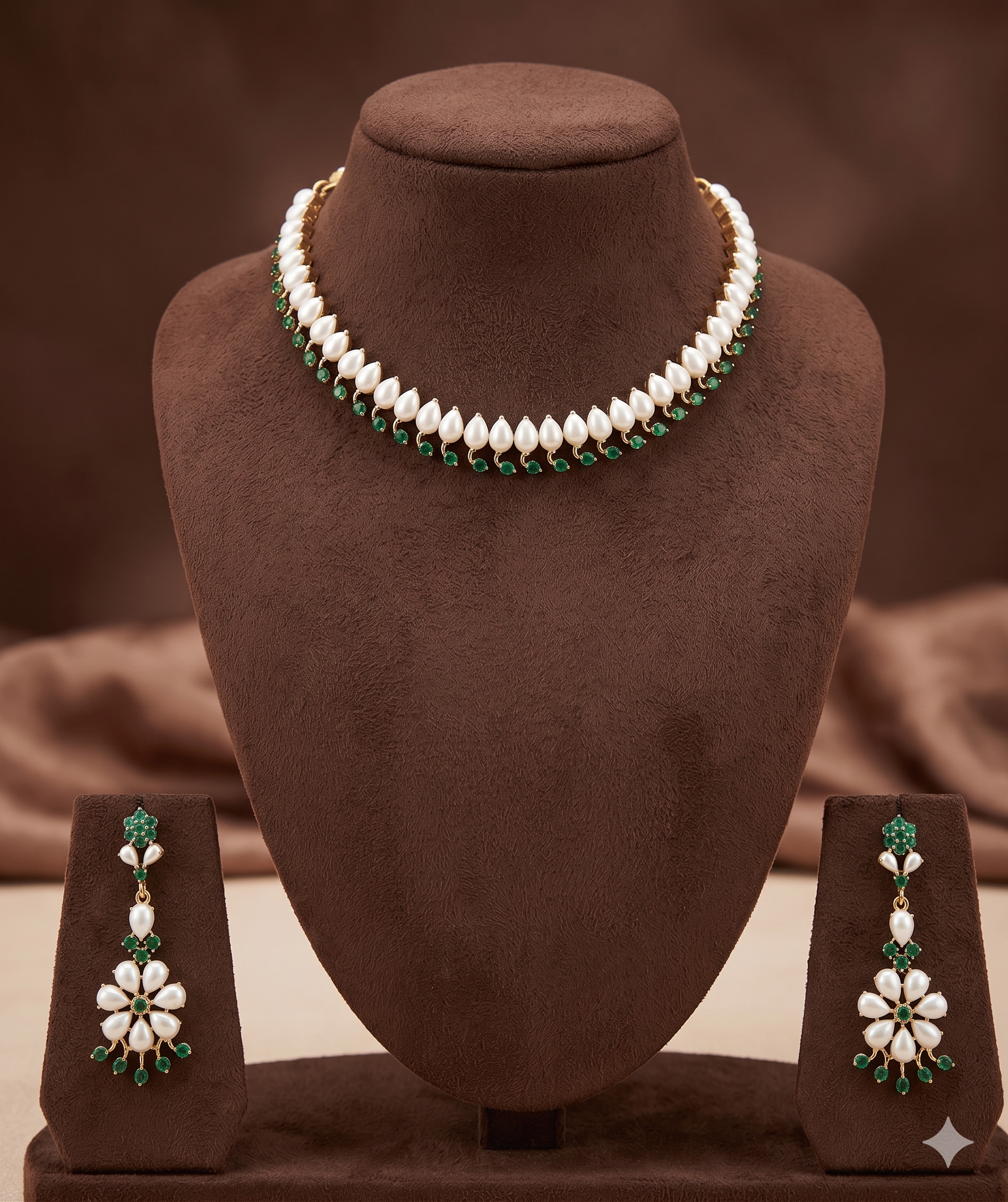 Handcrafted Natural pearl Necklace With Green stones