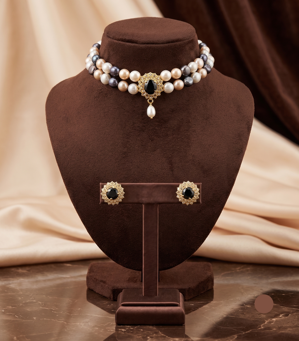 The Midnight Noir: 2-Line Multi-Tone Button Pearl & Onyx-Black Choker Set