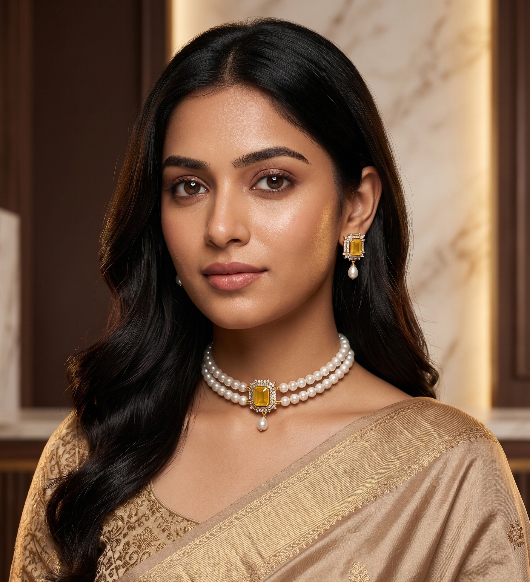 The Golden Citrine: 2-Line Flat Pearl & Yellow Stone Choker Set
