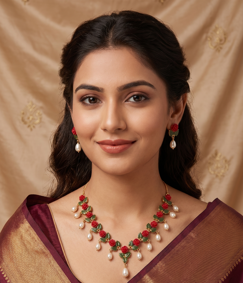 Red Rose Coral Necklace Set – Handcrafted Floral Pearl Drop Design