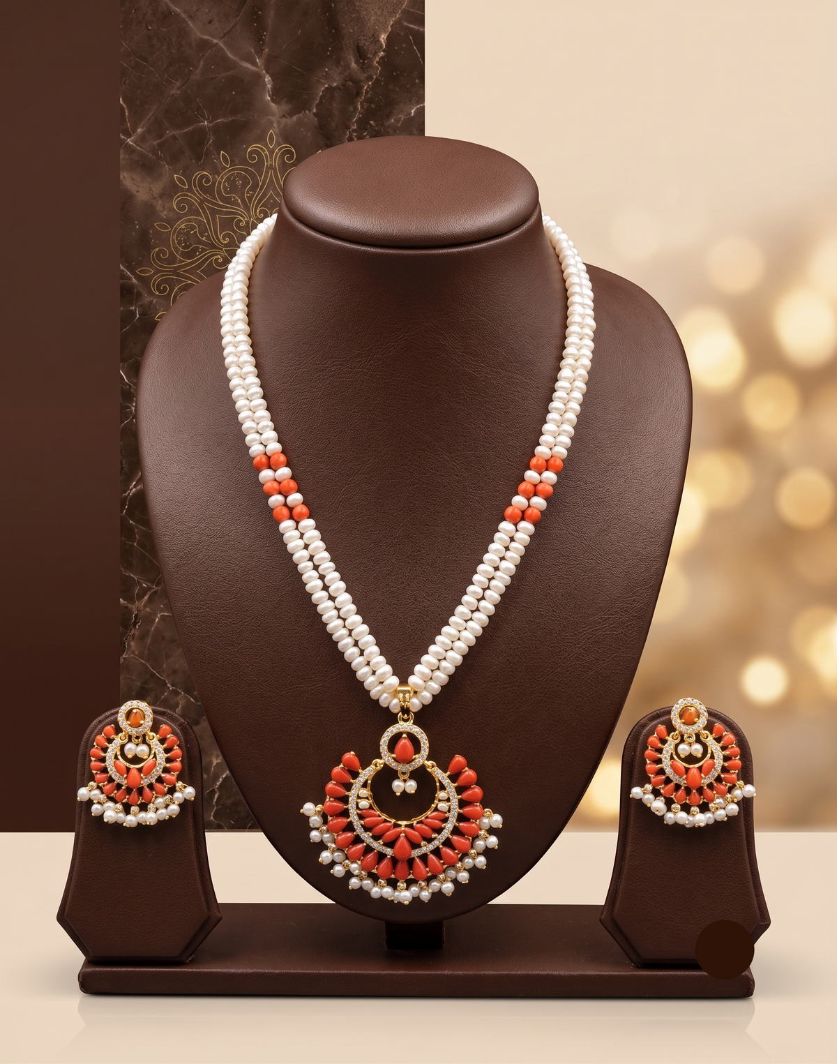 The Scarlet Chandbali: 2-Line Flat Pearl Necklace with Coral Pendant Set