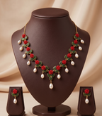 Red Rose Coral Necklace Set – Handcrafted Floral Pearl Drop Design