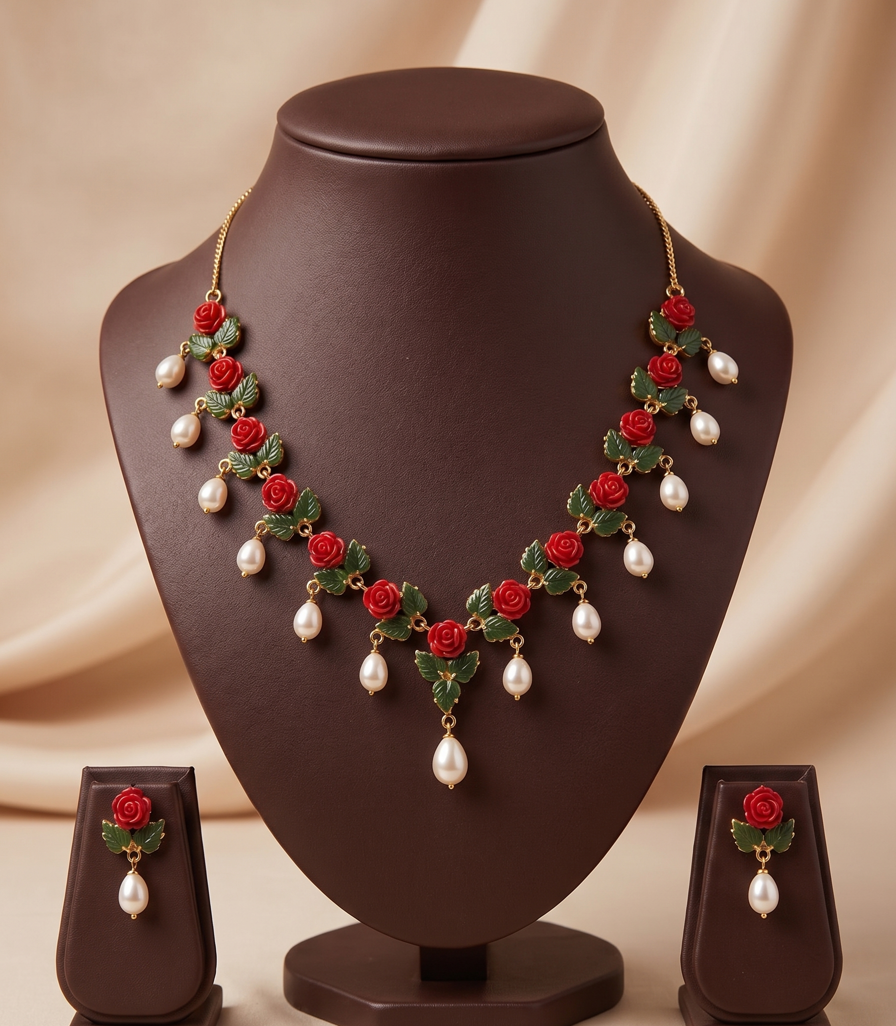 Red Rose Coral Necklace Set – Handcrafted Floral Pearl Drop Design