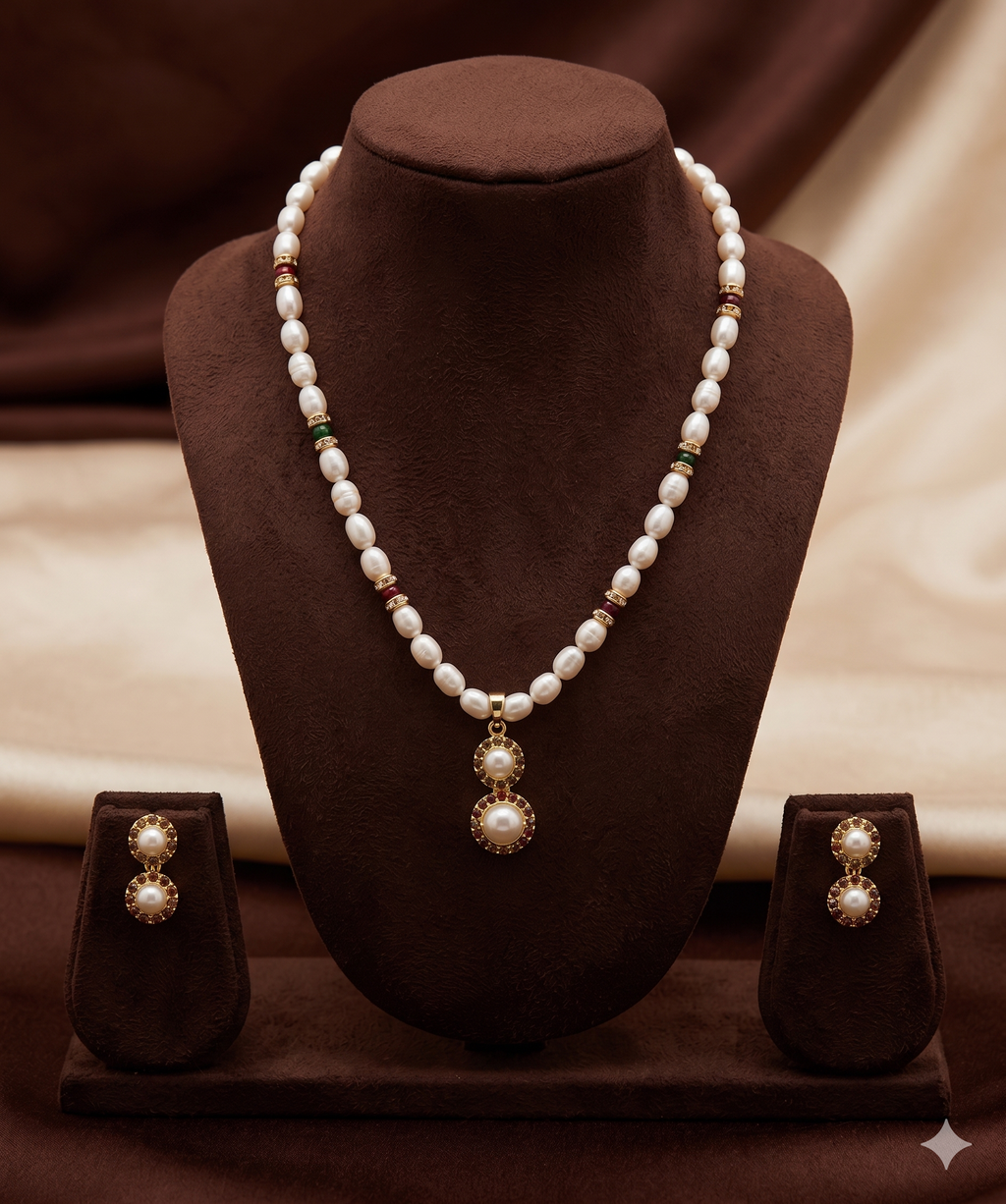 White Freshwater Pearl Pendant Set with Red & Green Stones