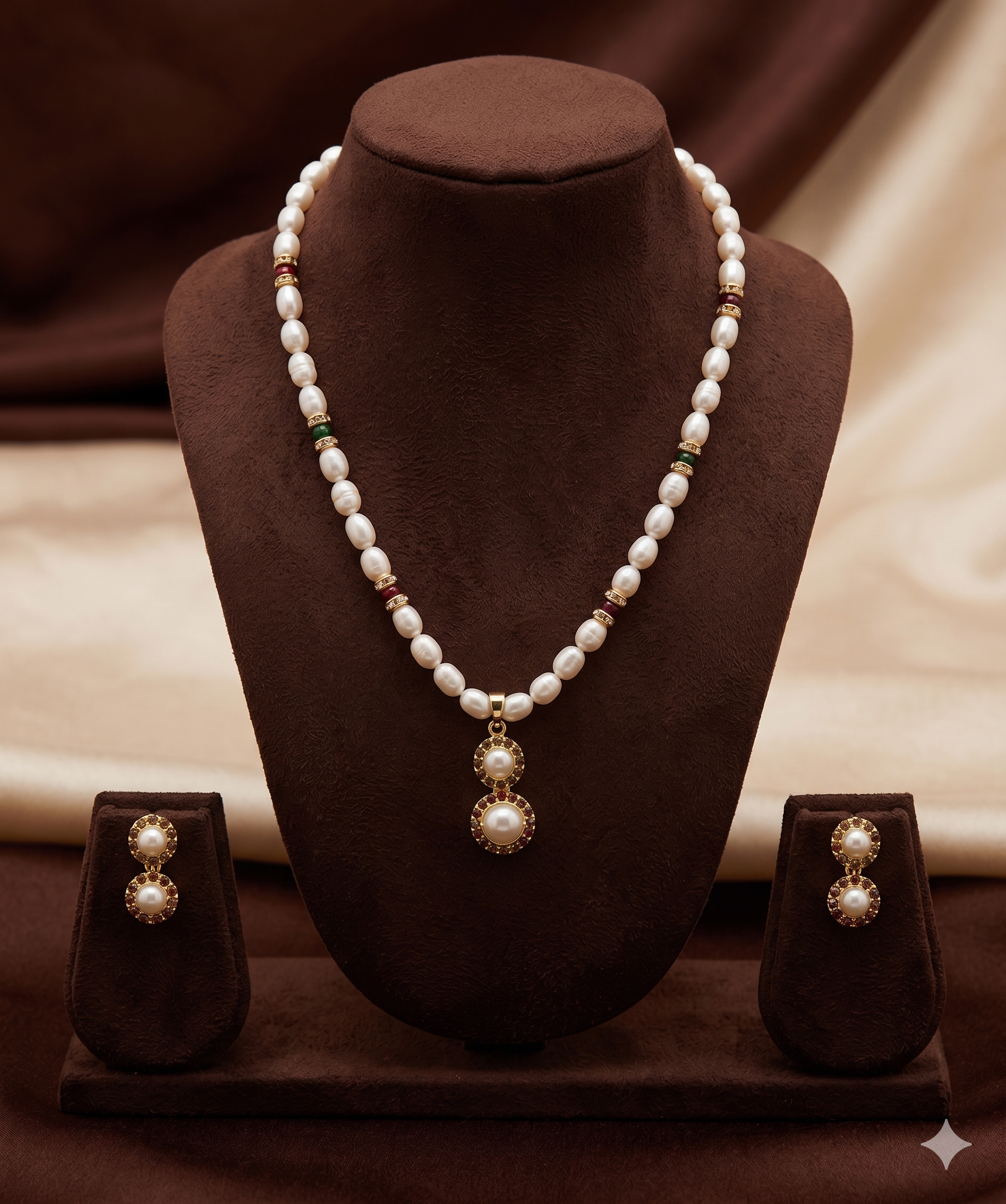 White Freshwater Pearl Pendant Set with Red & Green Stones