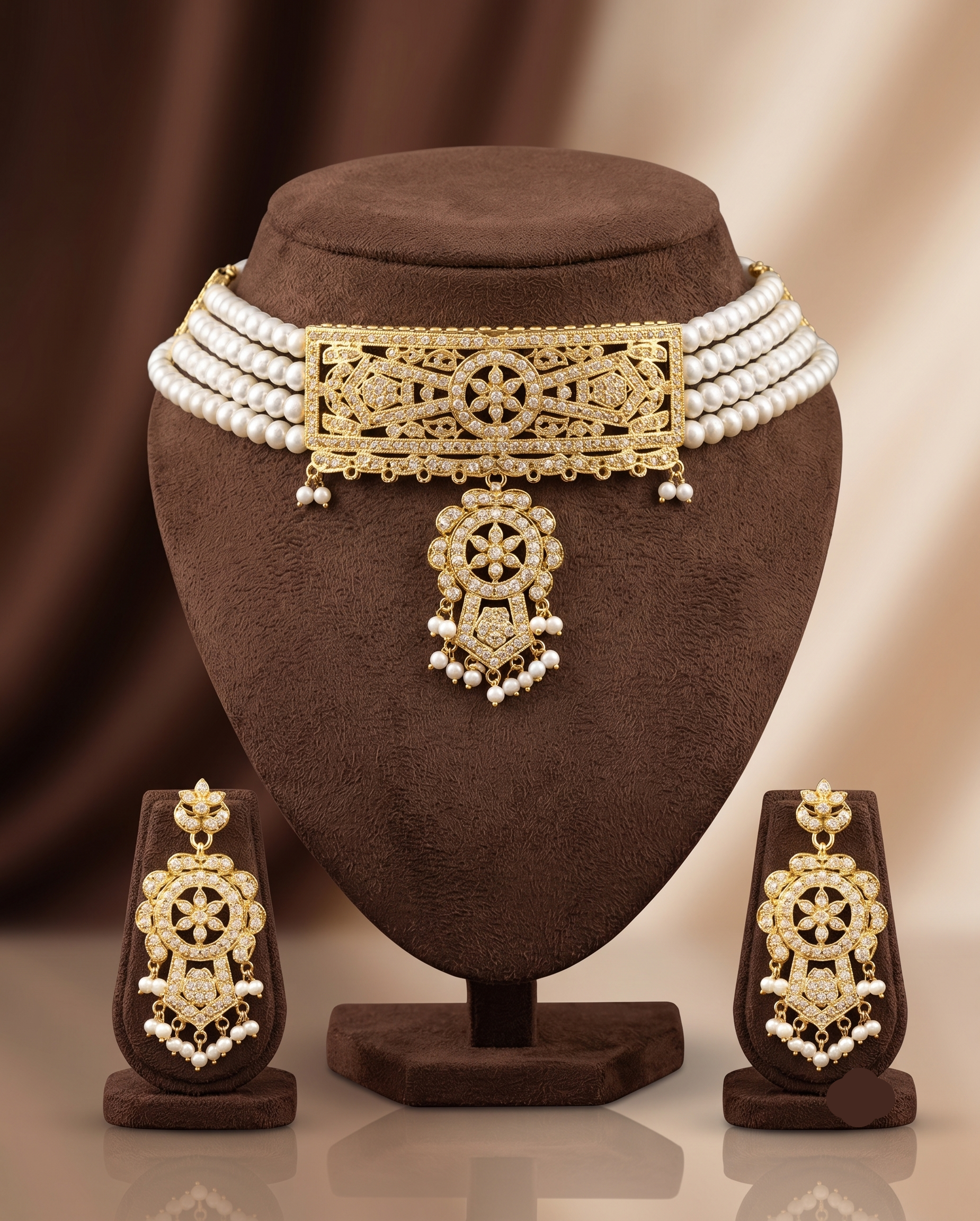 Ornate Gold-Toned Pearl Choker Set