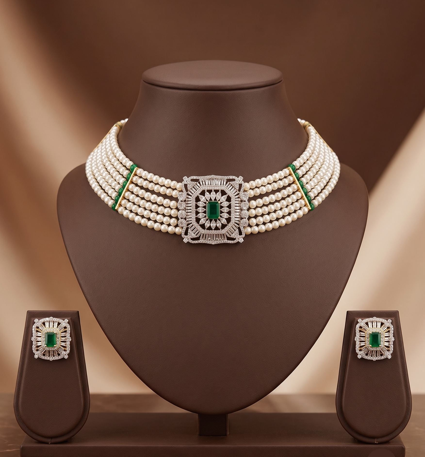 Emerald-Cut Green & White Stone Pearl Choker Set