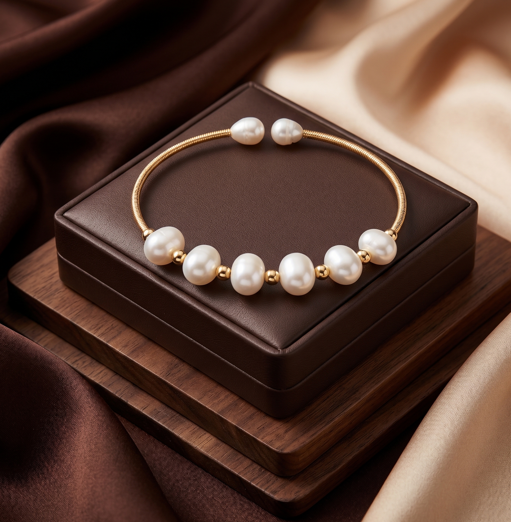 Classic White Freshwater Pearl Open-Cuff Gold Tone Bracelet