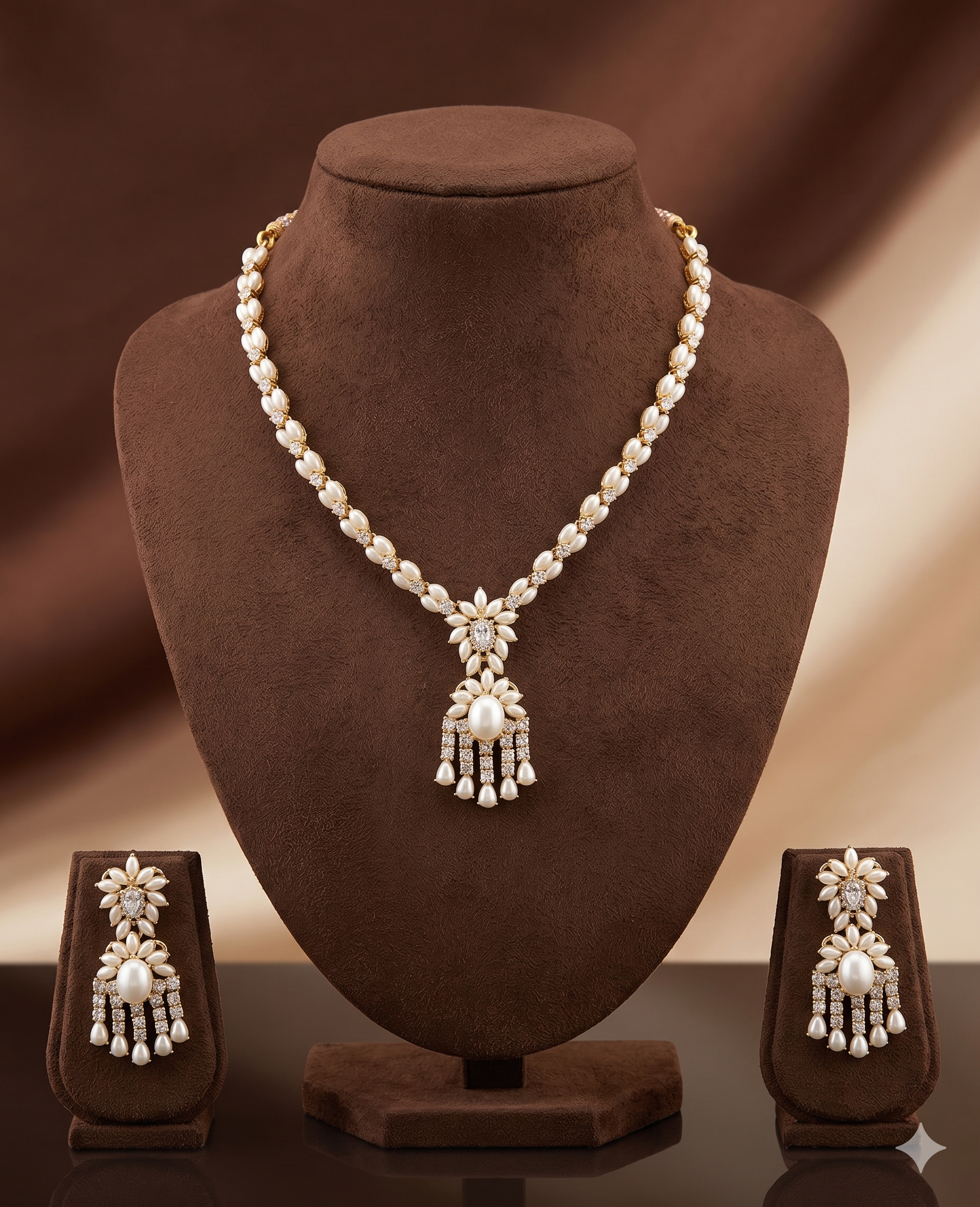 White Pearl Necklace Set – Elegant CZ Floral Pendant Jewellery