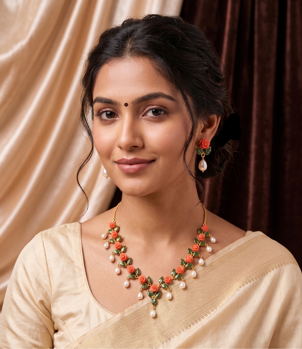 Orange Coral & Jade Leaf Necklace Set with Pearl Drops