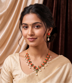 Orange Coral & Jade Leaf Necklace Set with Pearl Drops