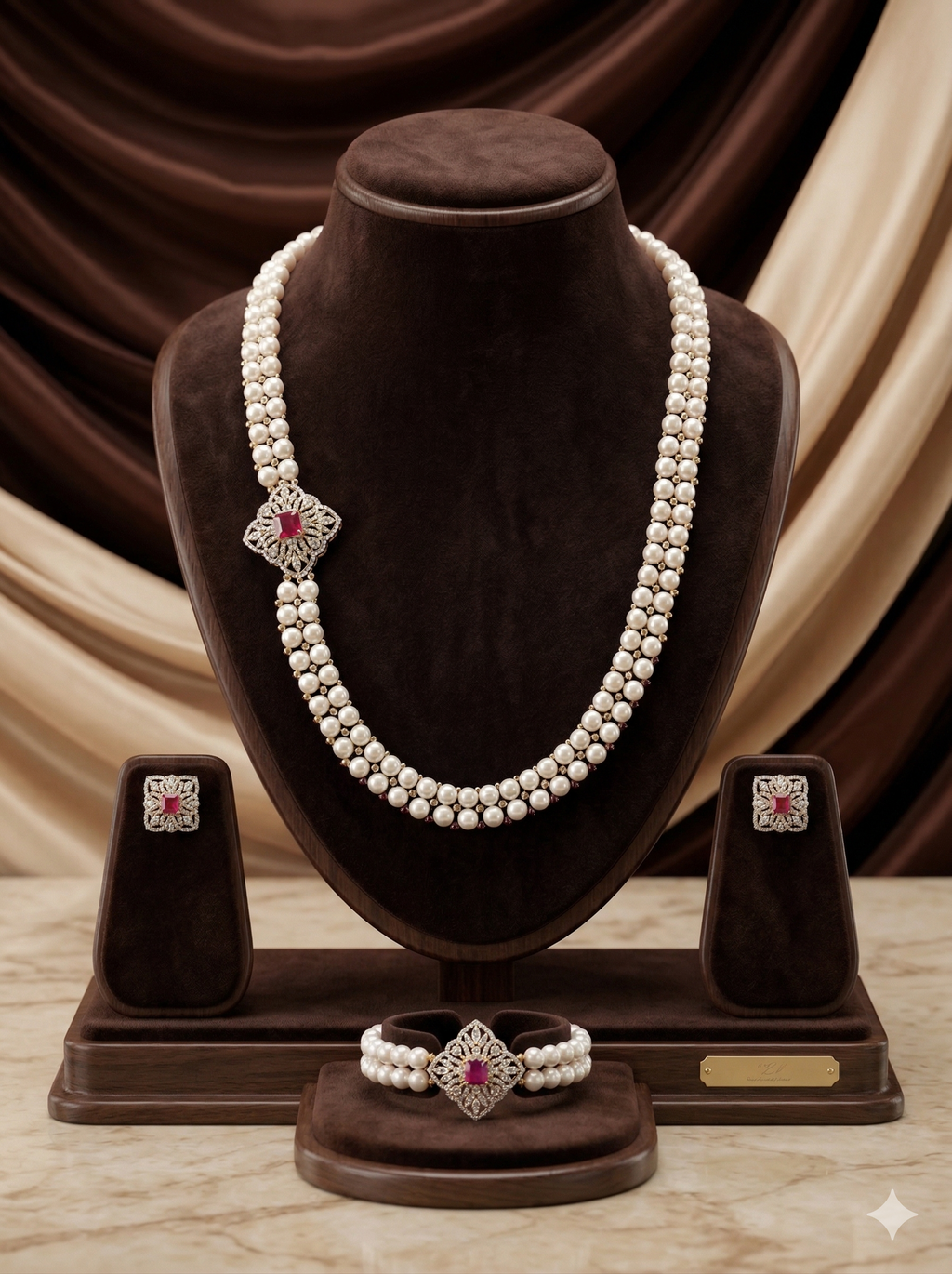 White Freshwater Pearl Side Brooch Necklace Set with Red Stones