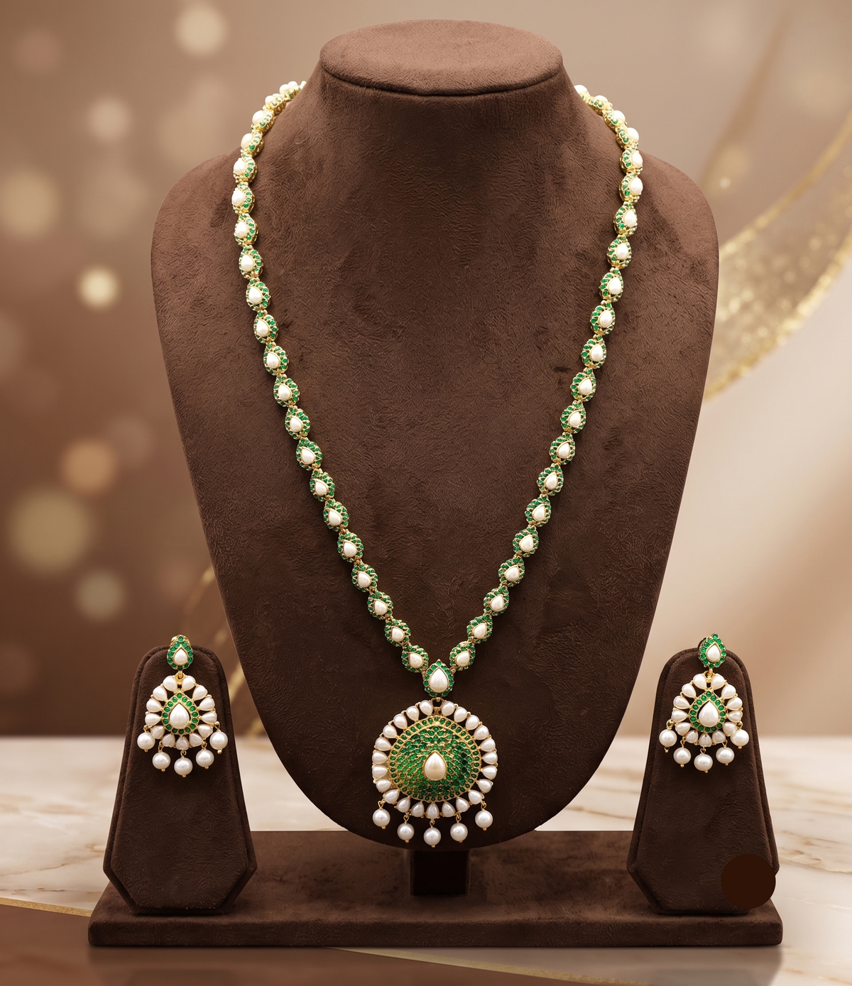 Imperial Emerald Bloom: Freshwater Pearl Bridal Long Necklace Set