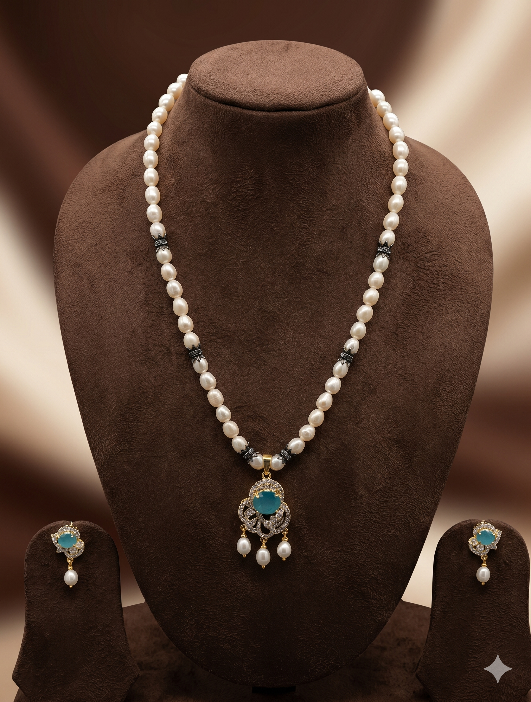 White Freshwater Pearl Pendant Set with Blue Stone