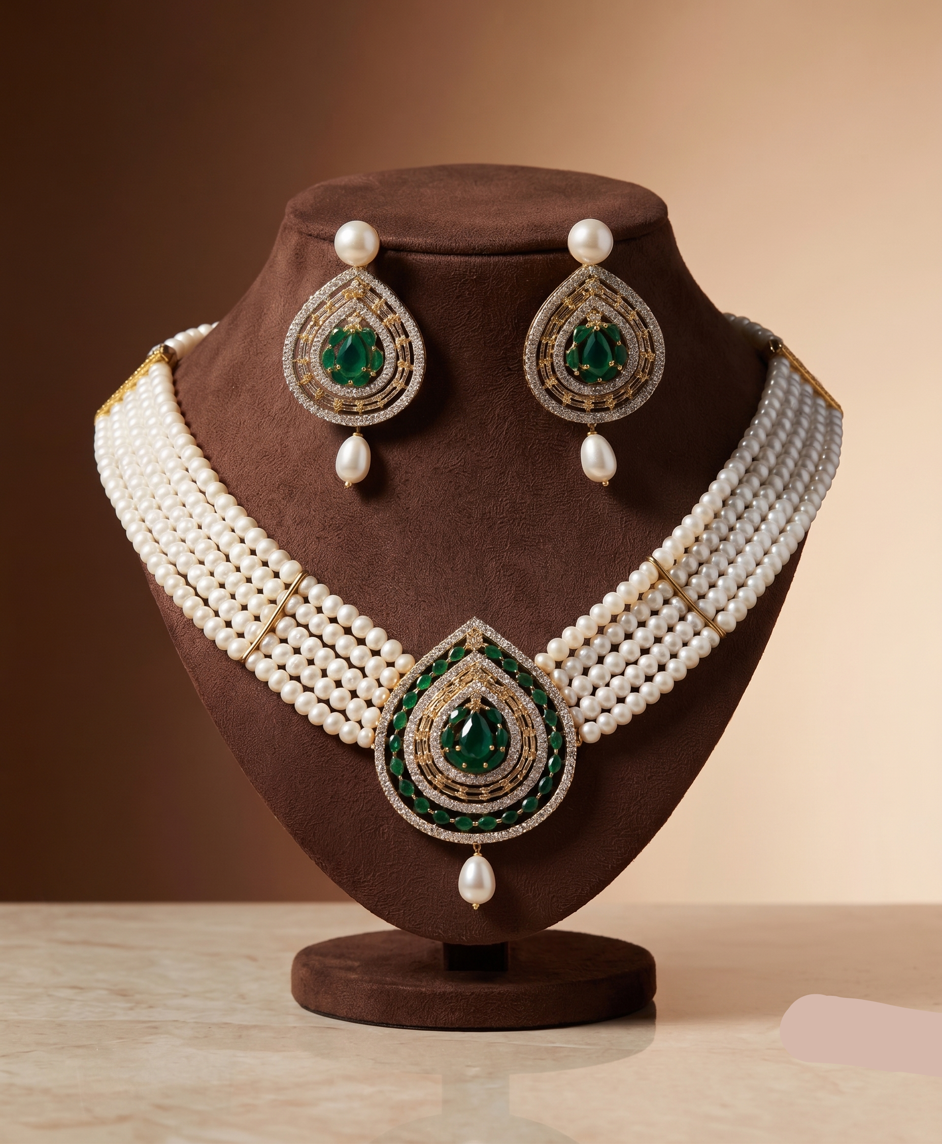 Green & White Tear-Drop Pendant Pearl Choker Set