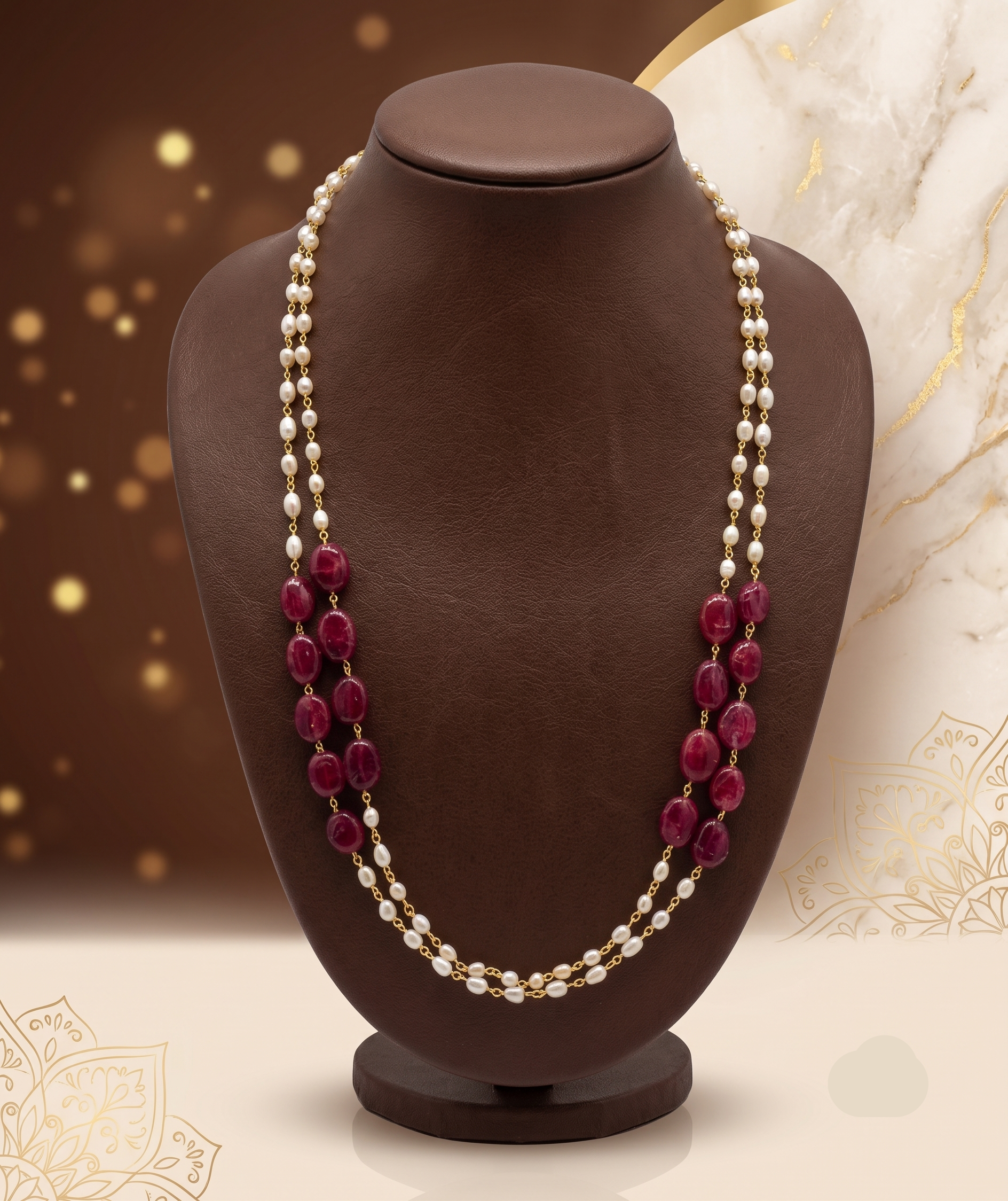 Two-Line Freshwater Pearl Taar Mala with Deep Red Accents