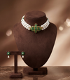 The Emerald Mariposa: 3-Line Oval Pearl & Green Stone Choker Set
