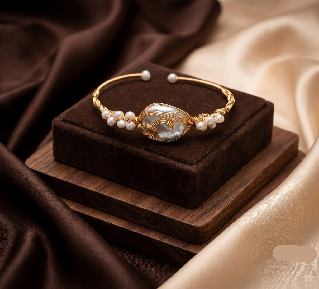 Centerpiece Baroque Pearl Wire-Wrapped Gold Tone Cuff Bracelet
