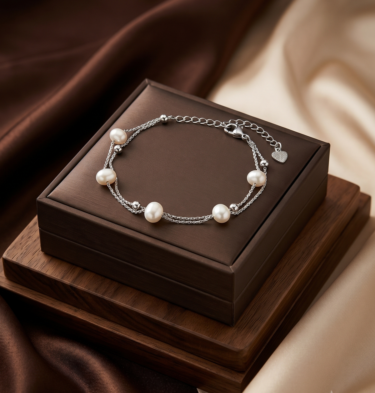 Delicate White Freshwater Pearl Double Chain Bracelet