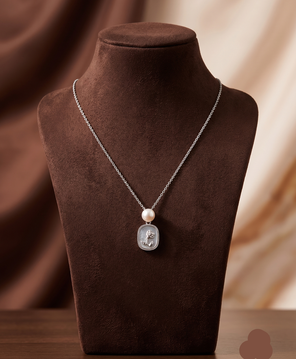 Silver-Toned Alloy Floral Charm Necklace with Pearl Accent
