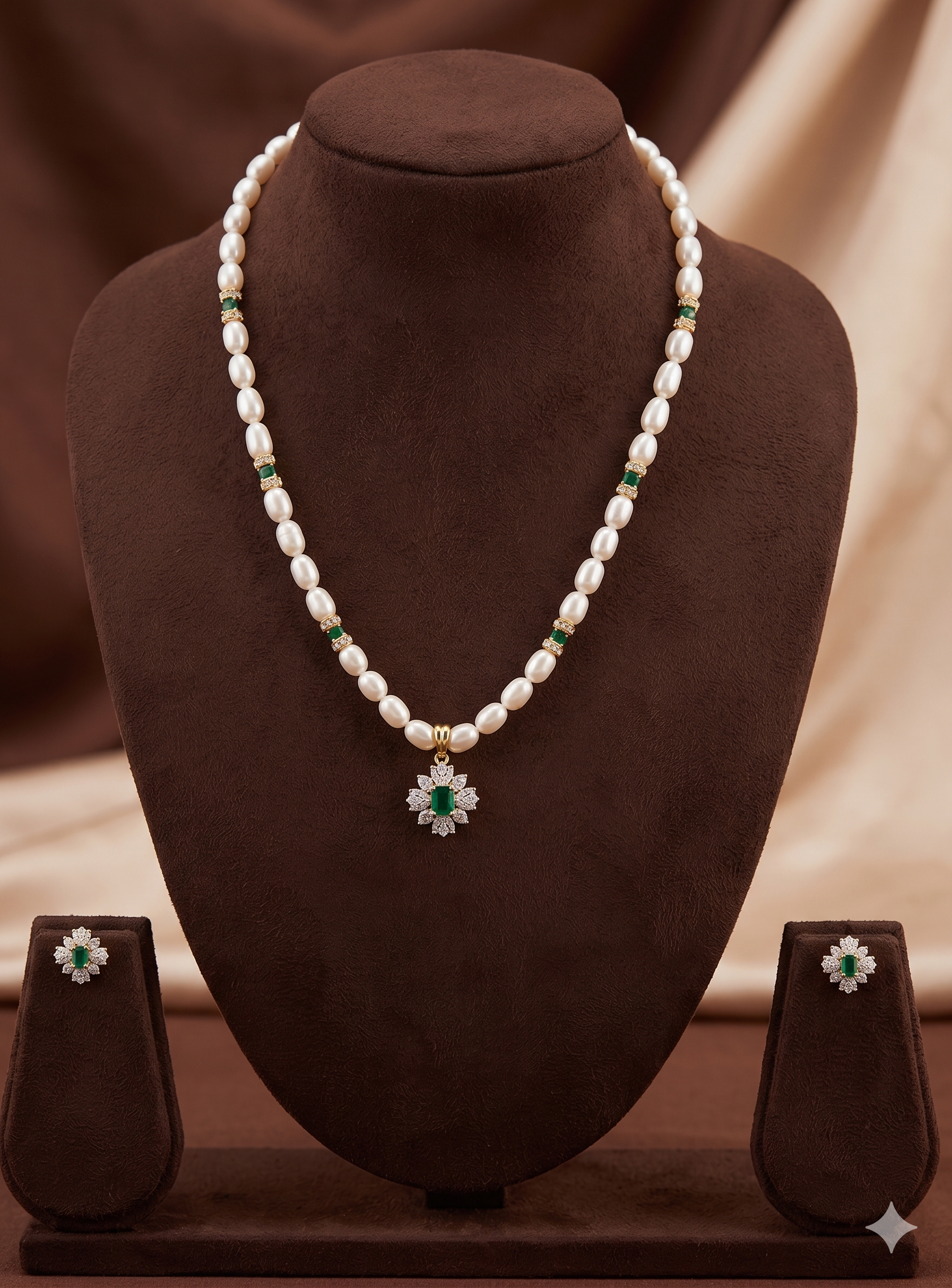 White Freshwater One Line Pearl Pendant Set with Green Stones