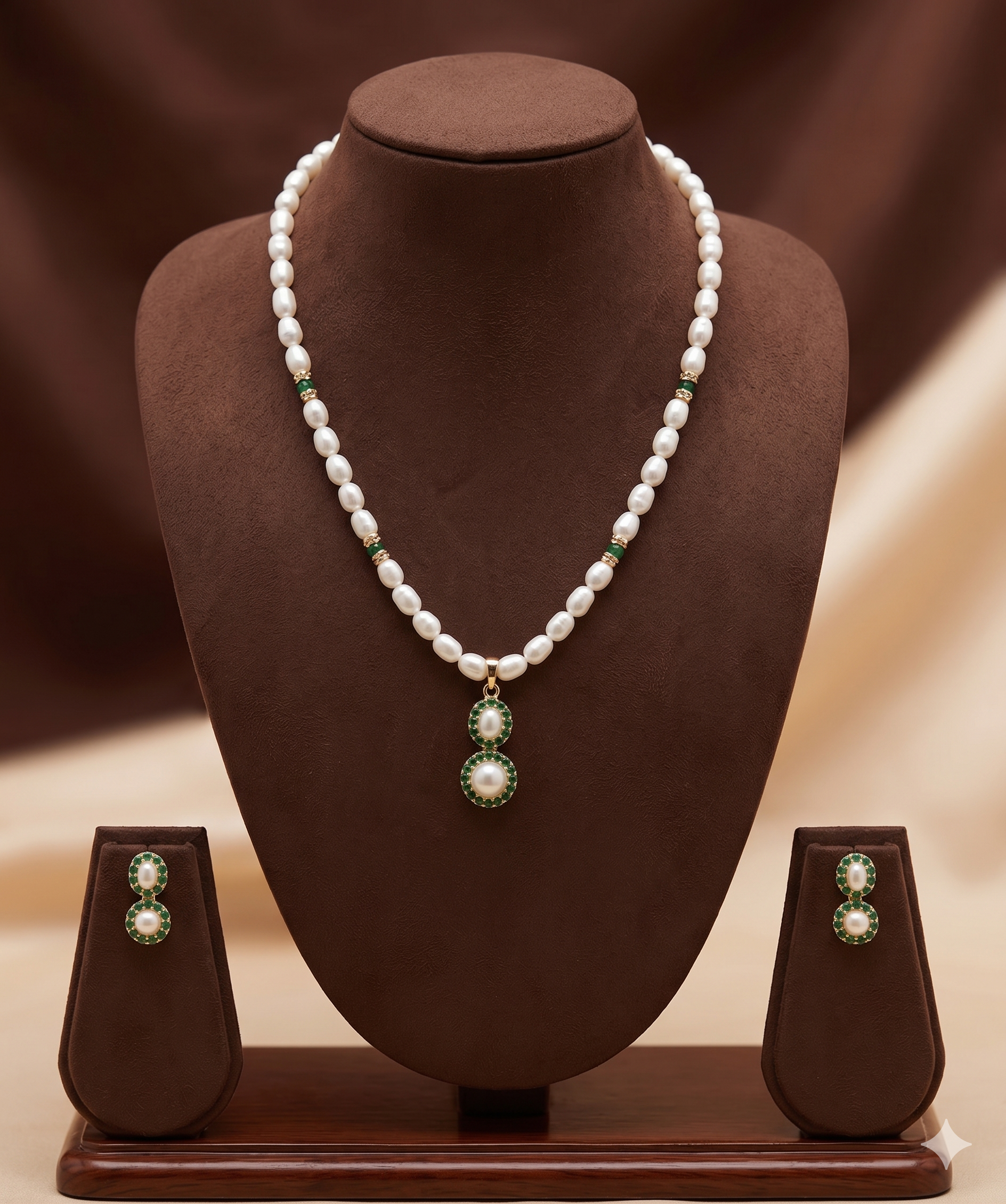 White Freshwater Pearl Pendant Set with Green Stones