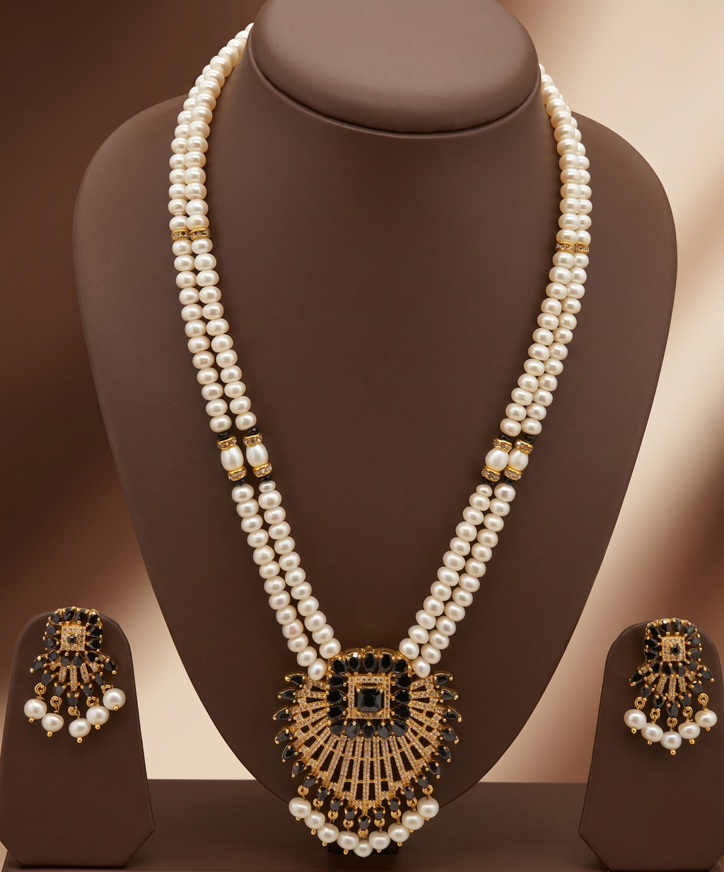 Regal Pearl Noir 2 Line Freshwater Pearl Pendant Set