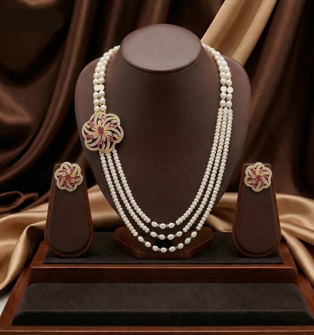 Scarlet Bloom Pearl Broach Set – Floral Red Stone Elegance