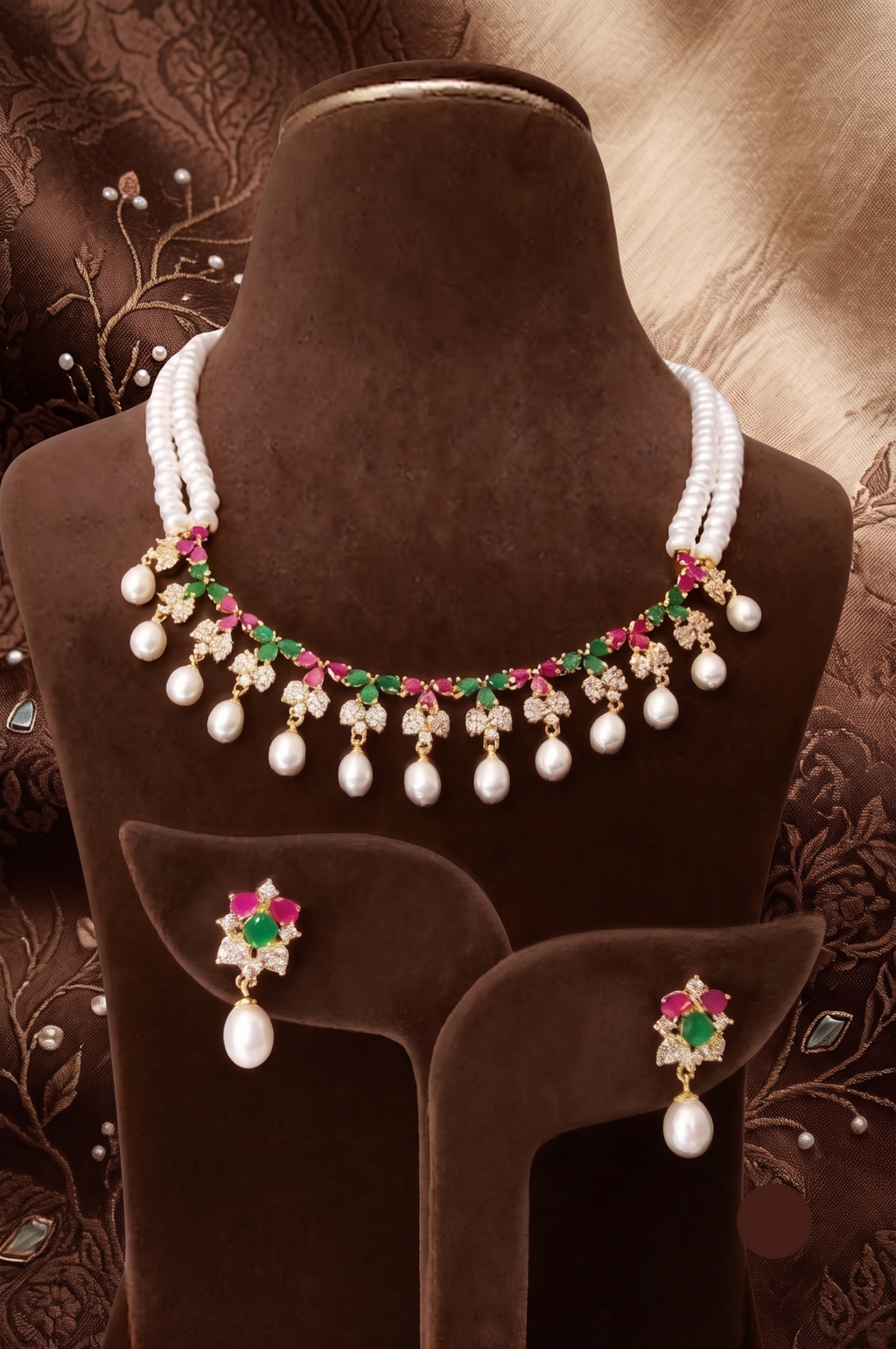 The Navratna Garland: 2-Line Pearl Necklace with Ruby & Emerald Festoon Set
