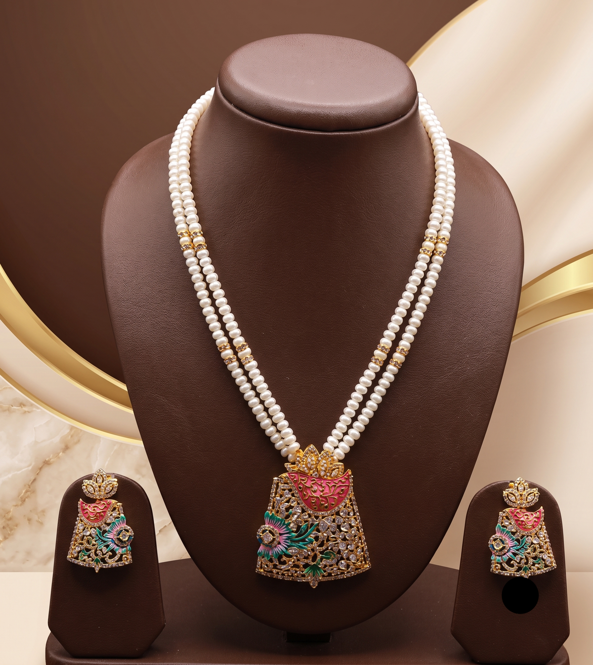Majestic Flora Meena: 2-Row Flat Pearl Necklace with Matching Jhumka-Style Studs