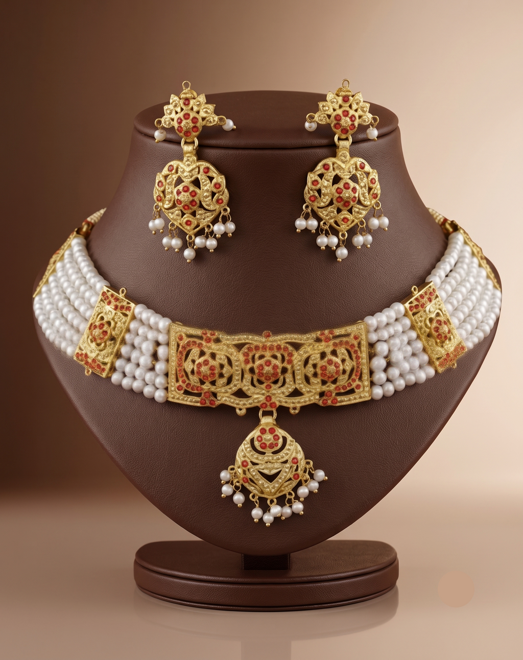 Traditional Red Enamel Pearl Drop Choker Set