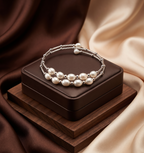 Dual-Strand White Pearl & Textured Silver Wrap Cuff Bracelet