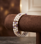 Oval White Pearl 3-Layer Coil Wrap Bracelet with Purple Beads and Gold-Tone Accents
