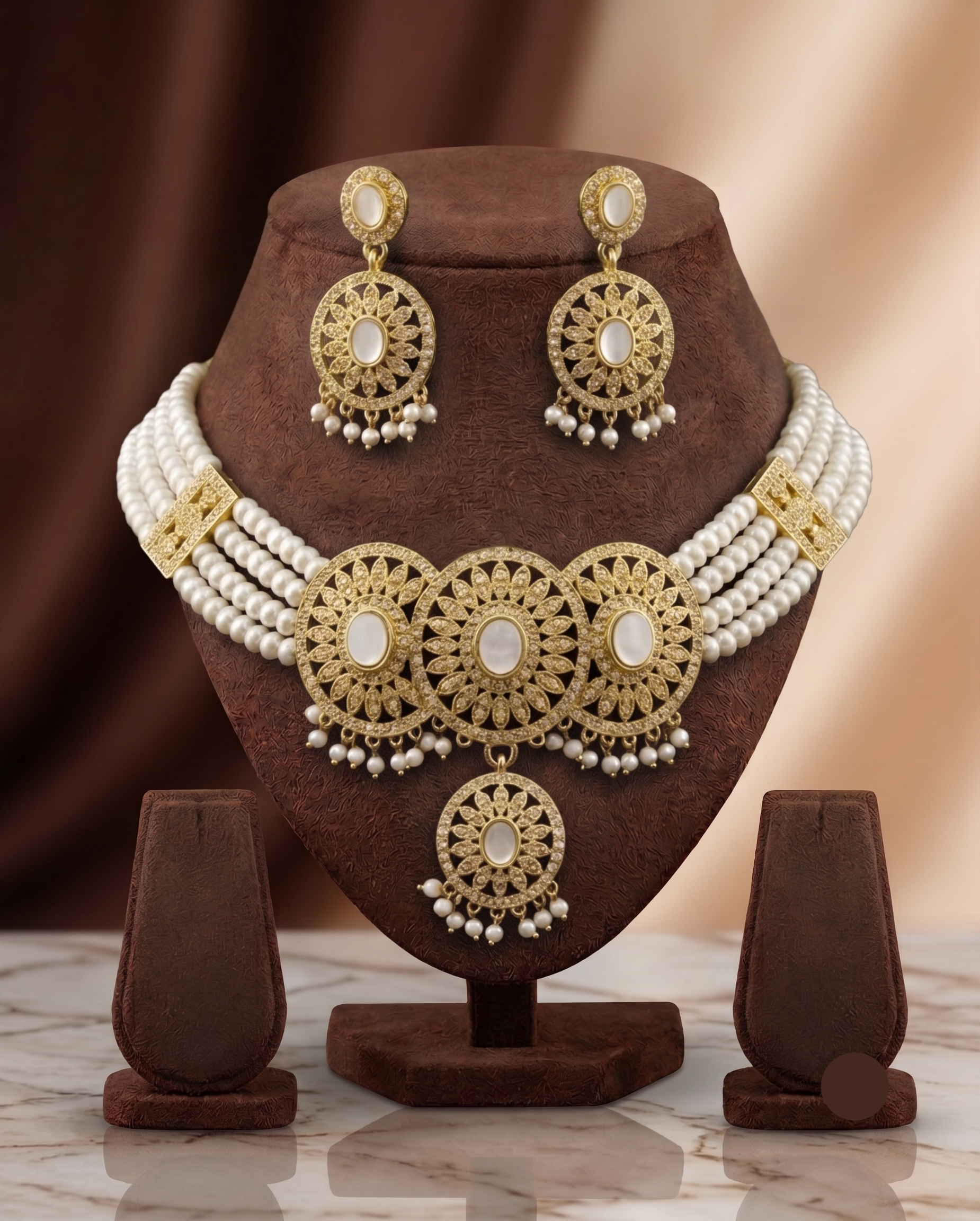 Gold-Toned Choker with Iridescent Medallions & Pearl Strands