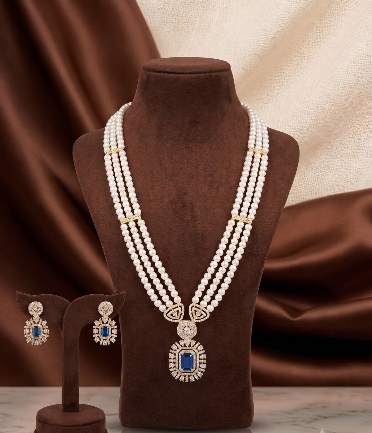The Royal Sapphire: 3-Line Long Pearl Mala with Blue Stone Medallion Pendant Set