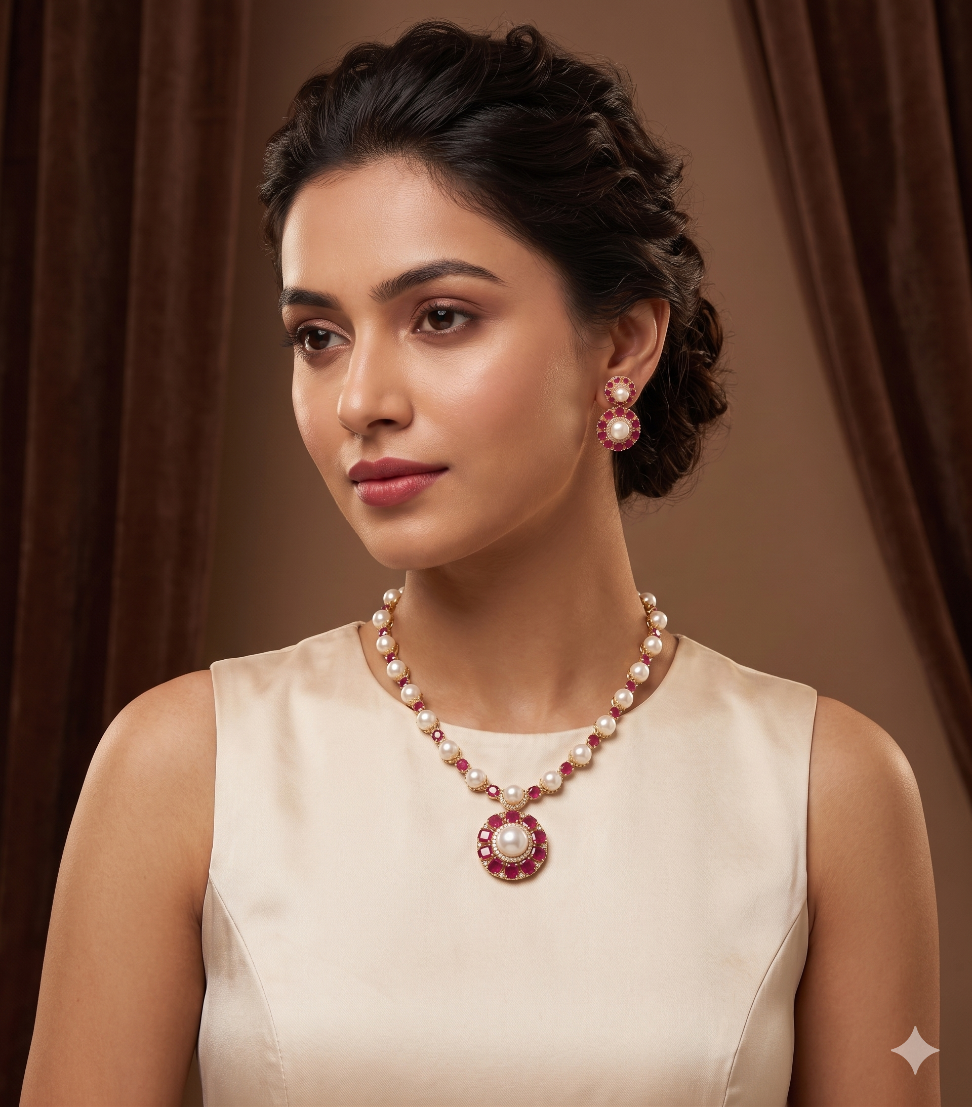 White Pearl Necklace Set– Red Stone Floral Jewellery
