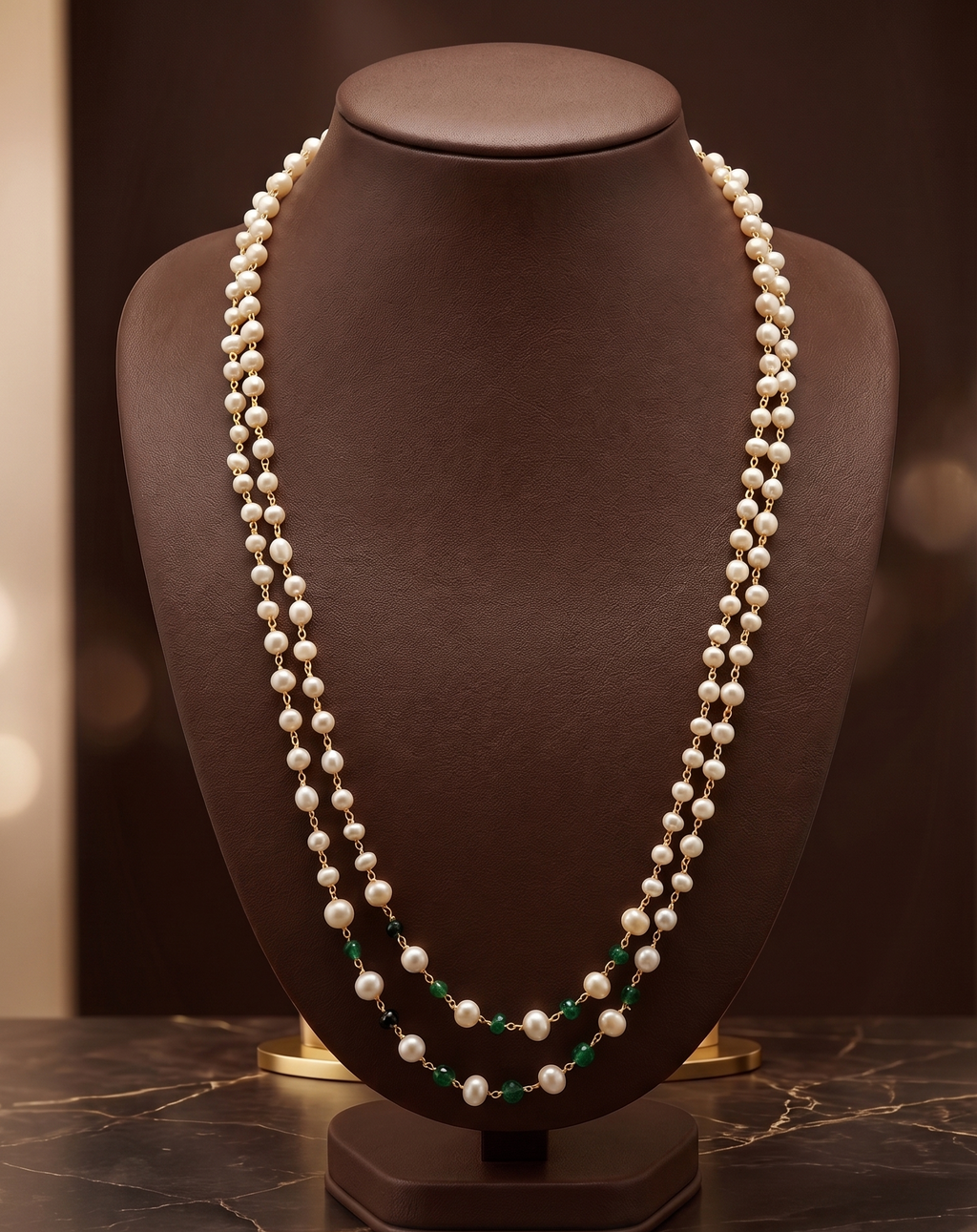 Freshwater Pearl & Green Gemstone Two-Strand Taar Mala
