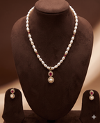 White Freshwater Pearl Pendant Set with Red Stone