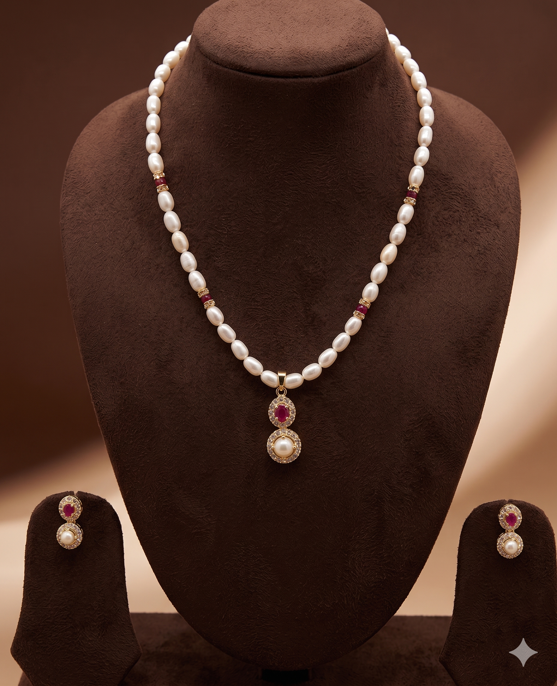 White Freshwater Pearl Pendant Set with Red Stone