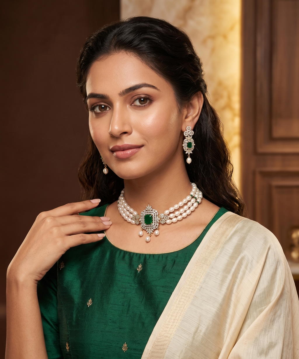 The Royal Green Halo: 3-Line Oval Pearl Bridal Choker Set
